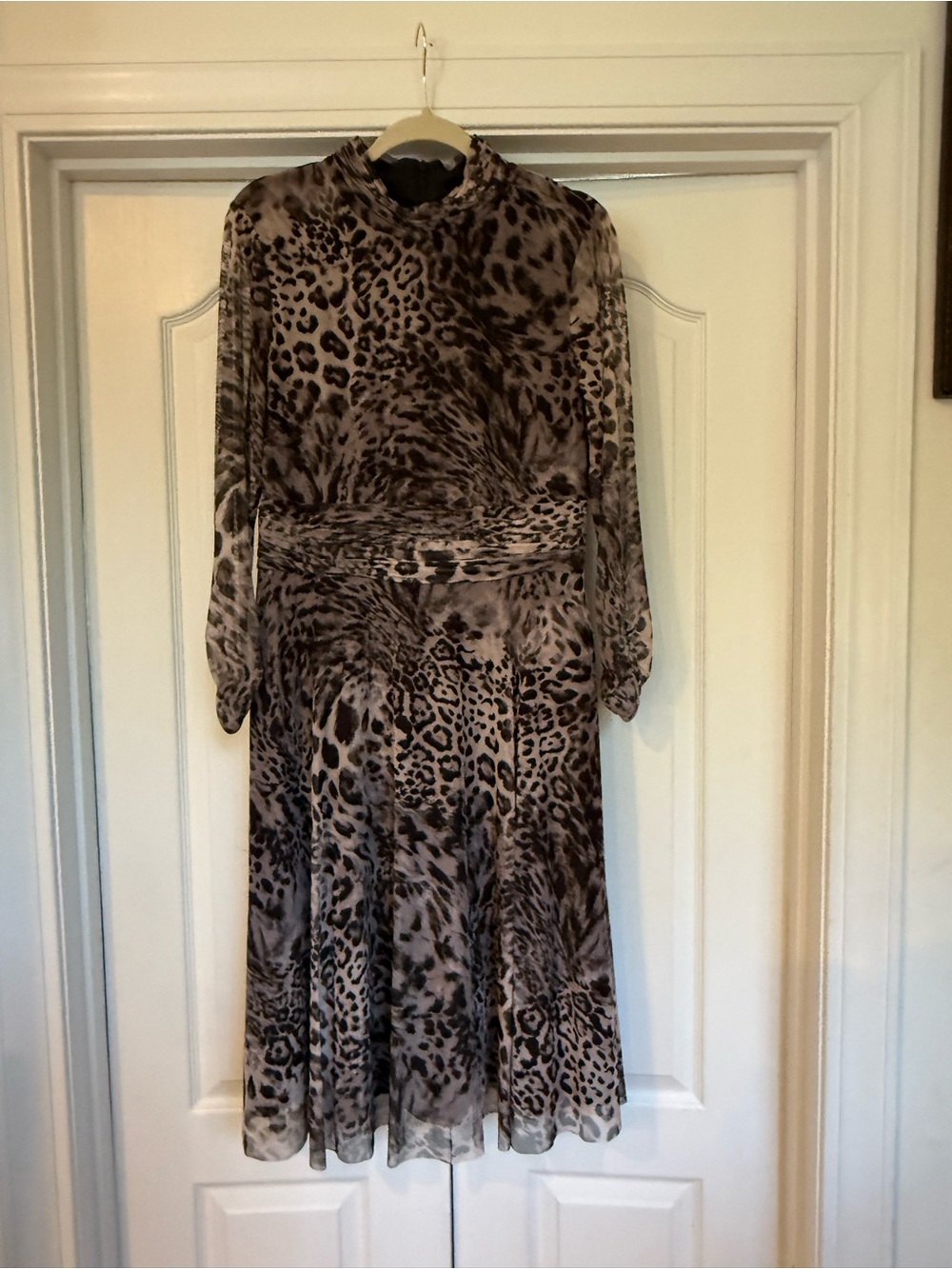 Eliza J Taupe and Black Leopard Print Long Sleeve Midi Dress